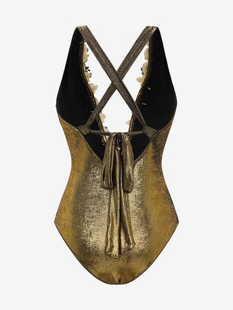 2025年夏のビーチに最適なゴールドVネックワンピース水着とスカートセット