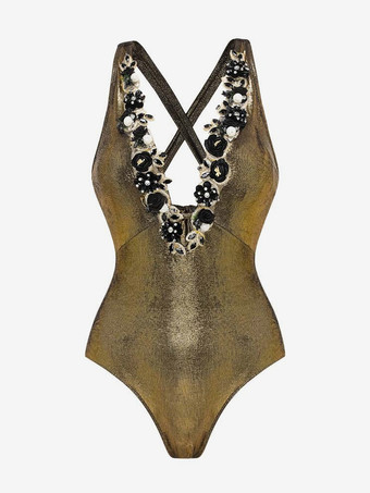 2025年夏のビーチに最適なゴールドVネックワンピース水着とスカートセット