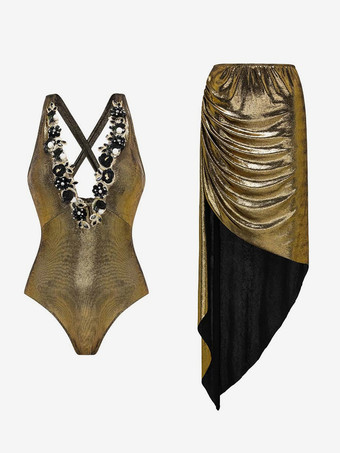 2025年夏のビーチに最適なゴールドVネックワンピース水着とスカートセット