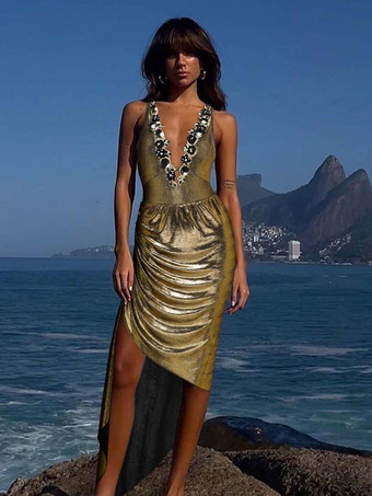 ゴールド 2025年夏のビーチに最適なゴールドVネックワンピース水着とスカートセット