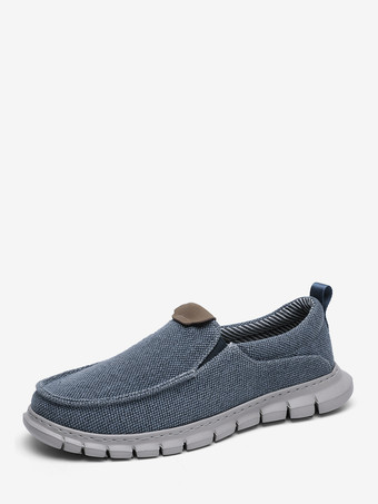 ブルー メンズ キャンバス スリッポン ローファー 編み込みアッパー ペニーシューズ 滑り止め 厚手ラバーソール 軽量 通気性 デッキシューズ