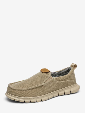 カーキ メンズ キャンバス スリッポン ローファー 編み込みアッパー ペニーシューズ 滑り止め 厚手ラバーソール 軽量 通気性 デッキシューズ