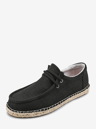 noir Mocassins à enfiler pour hommes chaussures de marche plates et respirantes en toile de lin chaussures bateau légères à bout rond