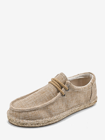 kaki Mocassins à enfiler pour hommes chaussures de marche plates et respirantes en toile de lin chaussures bateau légères à bout rond