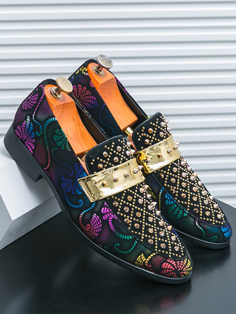 メンズ リベットローファー スプライスプリント スエード ペニーシューズ ラウンドトゥ ローヒール プロムシューズ