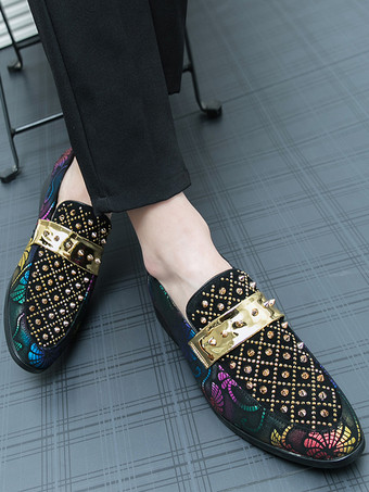 メンズ リベットローファー スプライスプリント スエード ペニーシューズ ラウンドトゥ ローヒール プロムシューズ