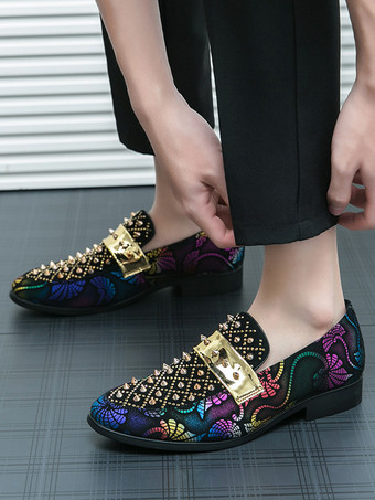 メンズ リベットローファー スプライスプリント スエード ペニーシューズ ラウンドトゥ ローヒール プロムシューズ