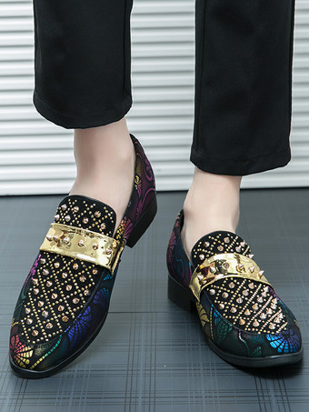 メンズ リベットローファー スプライスプリント スエード ペニーシューズ ラウンドトゥ ローヒール プロムシューズ