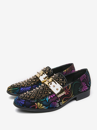 メンズ リベットローファー スプライスプリント スエード ペニーシューズ ラウンドトゥ ローヒール プロムシューズ