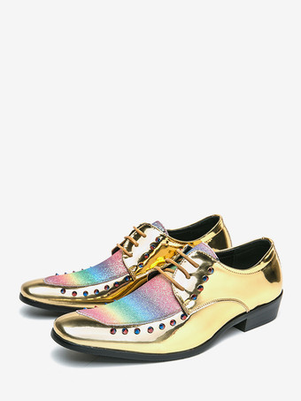 男性用ドレスシューズ パッチワーク ラウンドトゥ スタッド装飾 ダービーシューズ ロートップ 滑り止め プロムシューズ