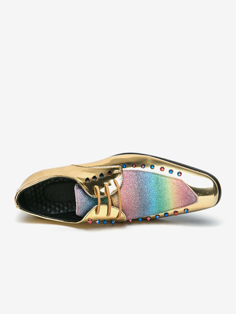 男性用ドレスシューズ パッチワーク ラウンドトゥ スタッド装飾 ダービーシューズ ロートップ 滑り止め プロムシューズ