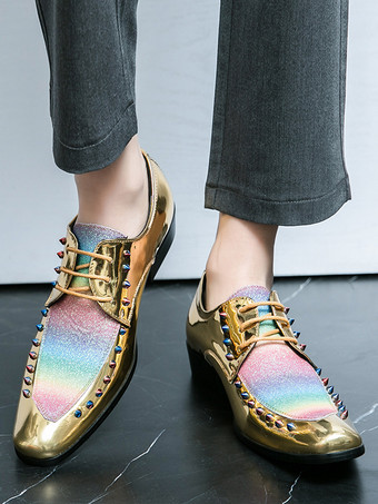 男性用ドレスシューズ パッチワーク ラウンドトゥ スタッド装飾 ダービーシューズ ロートップ 滑り止め プロムシューズ