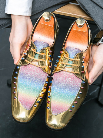 男性用ドレスシューズ パッチワーク ラウンドトゥ スタッド装飾 ダービーシューズ ロートップ 滑り止め プロムシューズ