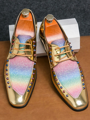 男性用ドレスシューズ パッチワーク ラウンドトゥ スタッド装飾 ダービーシューズ ロートップ 滑り止め プロムシューズ