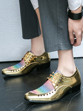 男性用ドレスシューズ パッチワーク ラウンドトゥ スタッド装飾 ダービーシューズ ロートップ 滑り止め プロムシューズ