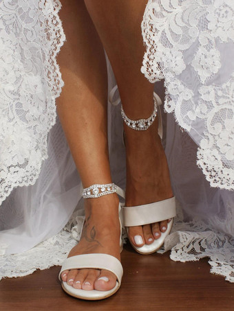 フラットウェディングシューズ オープントゥ ラインストーン レースアップ ブライダルシューズ