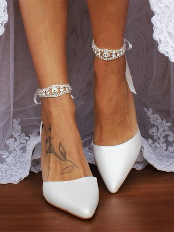 アイボリー チャンキーヒール ブライダルシューズ ポインテッドトゥ ラインストーン レースアップ ウェディングシューズ 2025