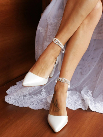 アイボリー チャンキーヒール ブライダルシューズ ポインテッドトゥ ラインストーン レースアップ ウェディングシューズ 2025