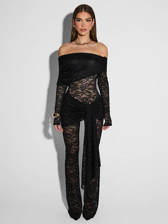 Combinaison sexy en dentelle noire épaules dénudées ceinture nouée manches longues tenue de club pour femmes 2025