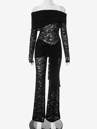 Combinaison sexy en dentelle noire épaules dénudées ceinture nouée manches longues tenue de club pour femmes 2025