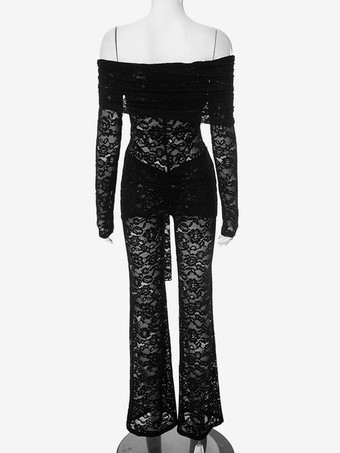 Combinaison sexy en dentelle noire épaules dénudées ceinture nouée manches longues tenue de club pour femmes 2025