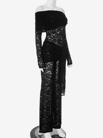 Combinaison sexy en dentelle noire épaules dénudées ceinture nouée manches longues tenue de club pour femmes 2025