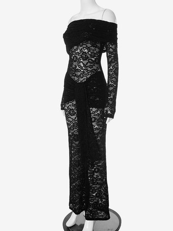 Combinaison sexy en dentelle noire épaules dénudées ceinture nouée manches longues tenue de club pour femmes 2025