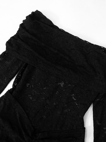 Combinaison sexy en dentelle noire épaules dénudées ceinture nouée manches longues tenue de club pour femmes 2025