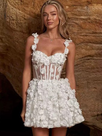 ショートウェディングドレス ショート スウィートハートネック ノースリーブ ショート ナチュラルウエスト レース ショートブライダルドレス