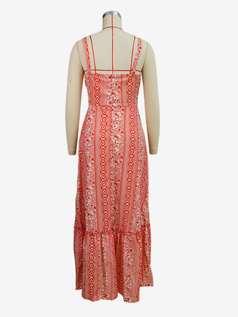 エスニックプリントマキシドレス、レッド Vネック スリップドレス、レディース 2025