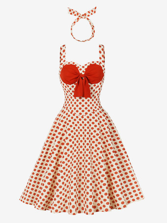 レッド ドット柄Aラインミディ丈ヴィンテージドレス（ヘッドバンド付き）レトロコーデセット（レディース）2026