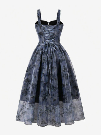 ヴィンテージ風ブルーフローラルスリップドレス Aラインミディドレス レディース 2026