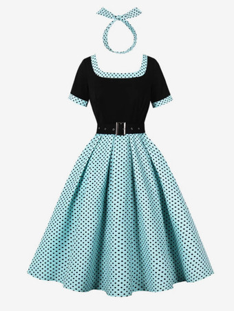 グリーン ドット柄Aラインミディドレス（ヘッドバンド付き）ヴィンテージコーデセット（レディース）2025