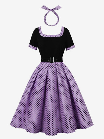 パープル ドット柄Aラインミディドレス（ヘッドバンド付き）ヴィンテージコーデセット（レディース）2025