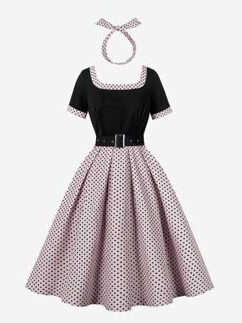 ピンクドット柄Aラインミディドレス（ヘッドバンド付き）ヴィンテージコーデセット（レディース）2025