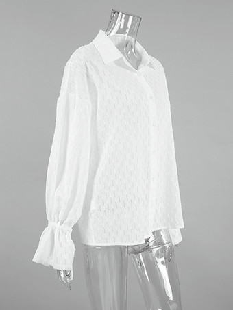 2025年レディース春トップス、長袖のホワイト中空シャツ