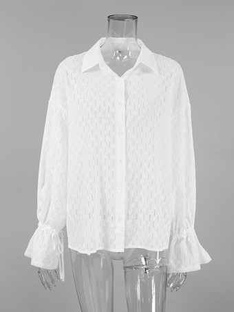 2025年レディース春トップス、長袖のホワイト中空シャツ