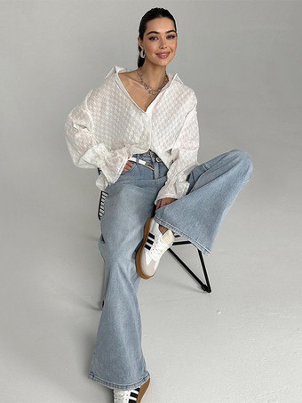 2025年レディース春トップス、長袖のホワイト中空シャツ