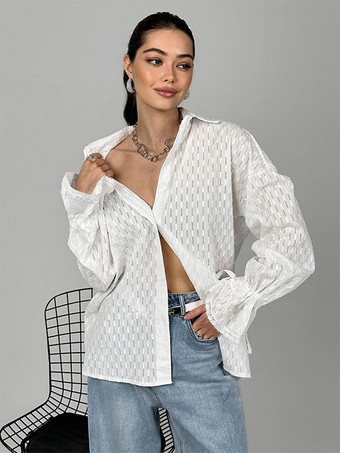 2025年レディース春トップス、長袖のホワイト中空シャツ