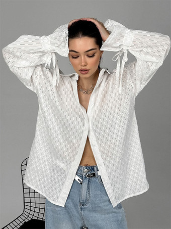 ホワイト 2025年レディース春トップス、長袖のホワイト中空シャツ