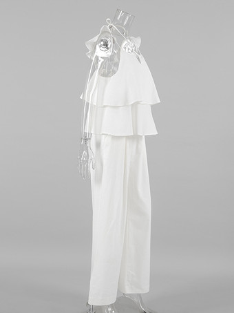 フリルキャミソールとワイドレッグパンツのホワイトツーピースコーデセット。レディース向けスタイリッシュなラウンジセット 2025