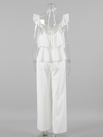 フリルキャミソールとワイドレッグパンツのホワイトツーピースコーデセット。レディース向けスタイリッシュなラウンジセット 2025