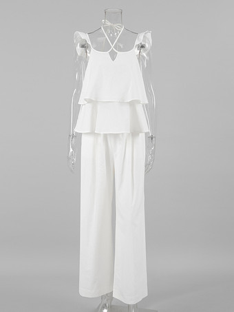 フリルキャミソールとワイドレッグパンツのホワイトツーピースコーデセット。レディース向けスタイリッシュなラウンジセット 2025