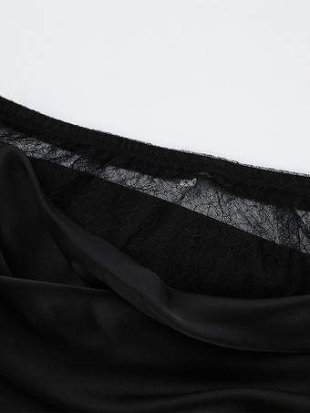 セクシーなブラックレースパネルサテンアシンメトリーミディスカートレディース2025