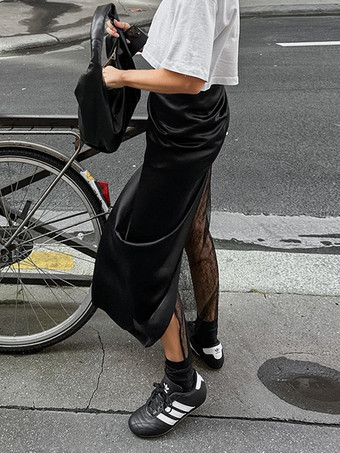 セクシーなブラックレースパネルサテンアシンメトリーミディスカートレディース2025