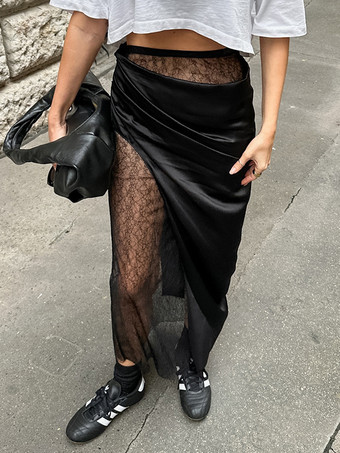 セクシーなブラックレースパネルサテンアシンメトリーミディスカートレディース2025