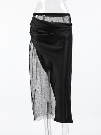 セクシーなブラックレースパネルサテンアシンメトリーミディスカートレディース2025