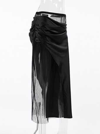 セクシーなブラックレースパネルサテンアシンメトリーミディスカートレディース2025