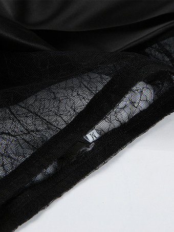 セクシーなブラックレースパネルサテンアシンメトリーミディスカートレディース2025