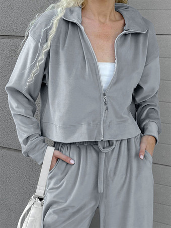 ベルベットのツーピースコーデセット ジップアップトップスとワイドレッグボトムス レディース 春コーデ 2025